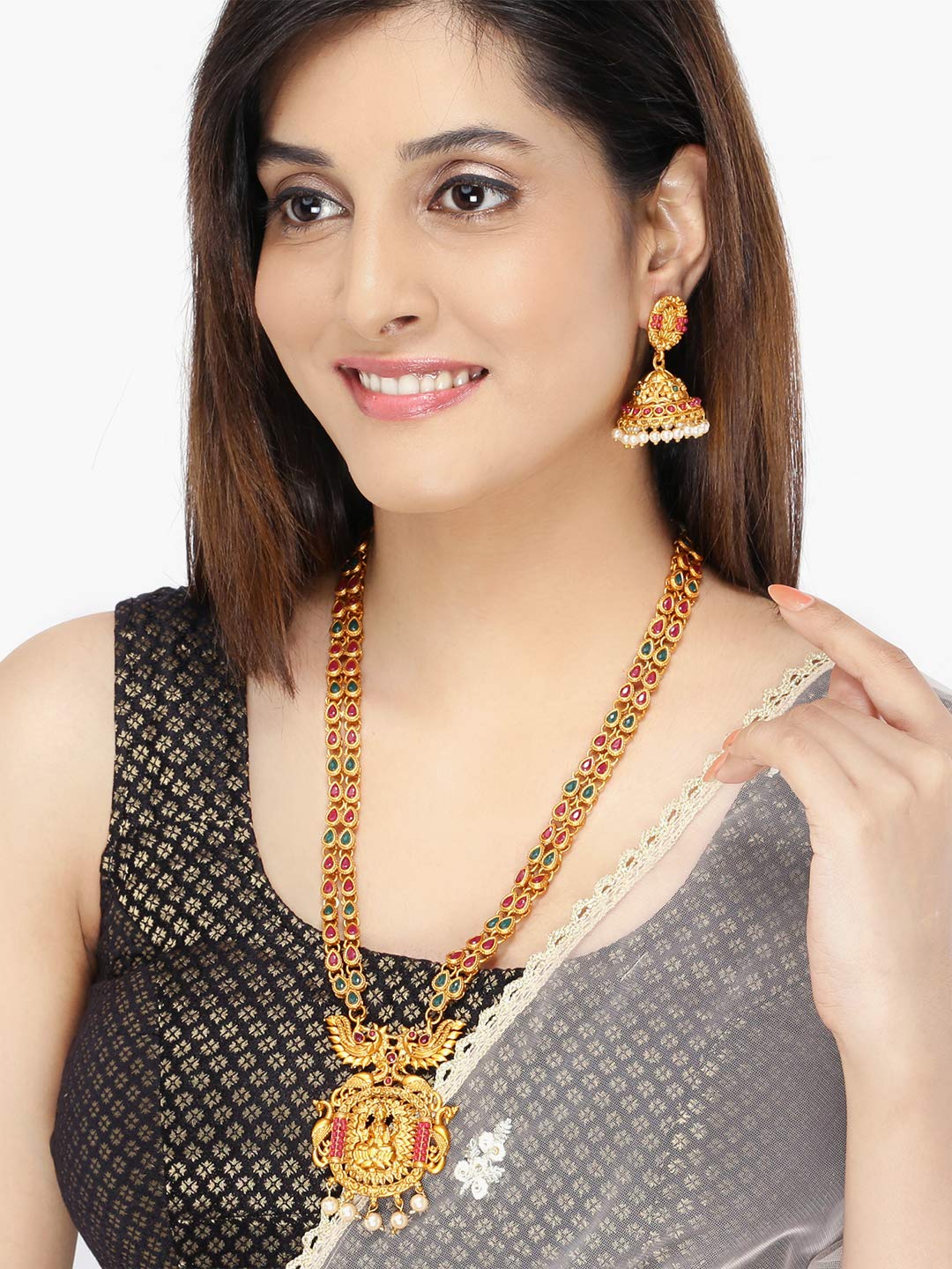 Yellow Chimes Traditional Jewellery set for Women Ethnic Temple Jewellery Set Gold Plated Jewelry Set Traditional Long Haram Necklace Set for Women and Girls
