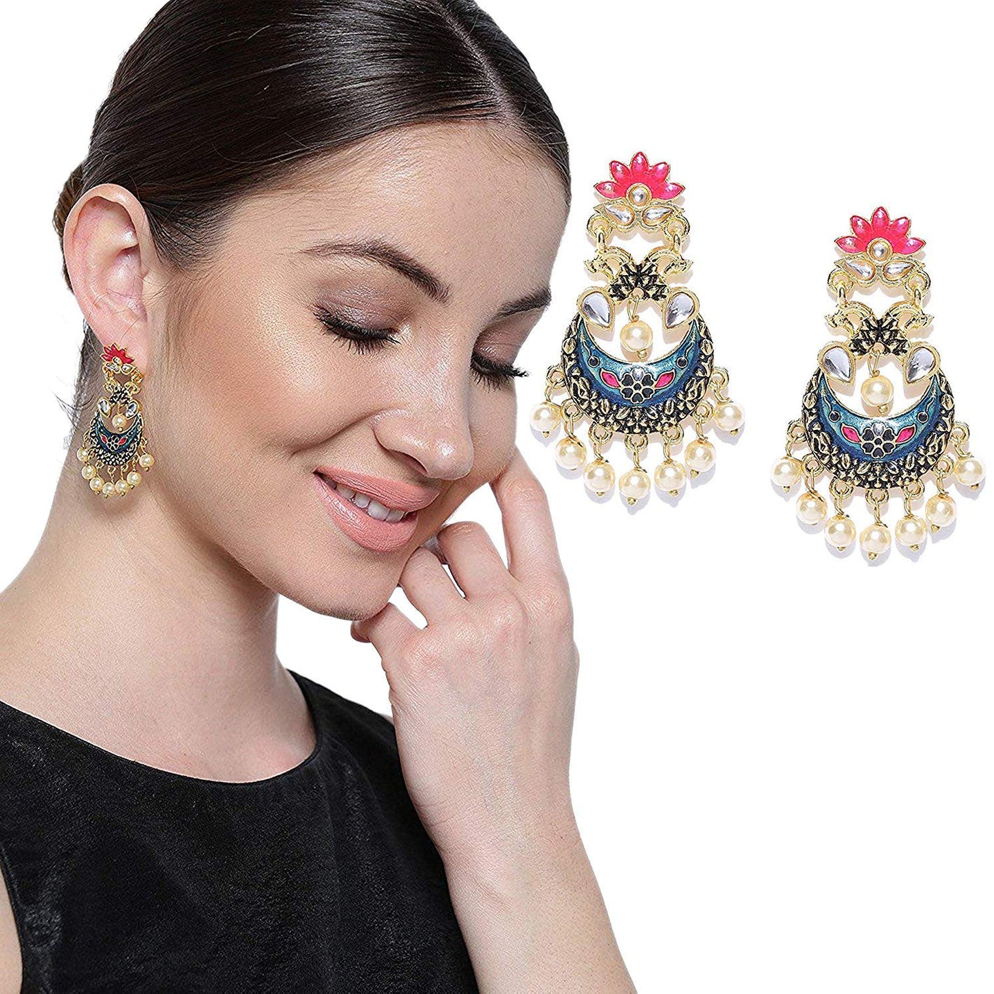 Yellow Chimes Stylish Meenakari Hand Crafted Traditional Gold Plated and Pearl Chand Bali Earrings for Women (Blue; Pink) (YCTJER-KLNG-BL)