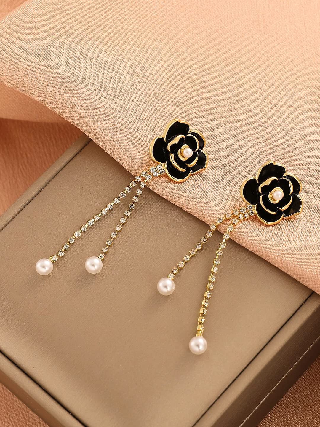 Yellow Chimes Earrings For Women Black Flower Stud With Linear Chain Hanging Pearl Drop Dangler Earrings For Women and Girls