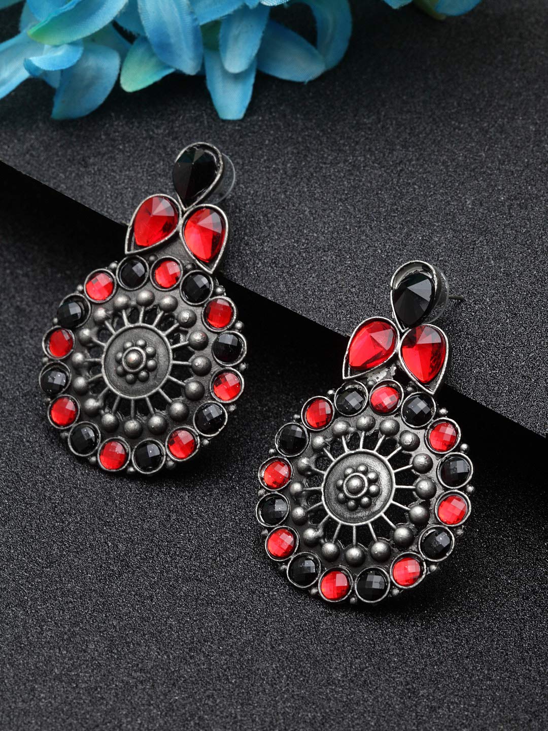 Yellow Chimes Stylish Afghani Theme Oxidized Silver Traditional Dangler Earrings for Women and Girls (Red)