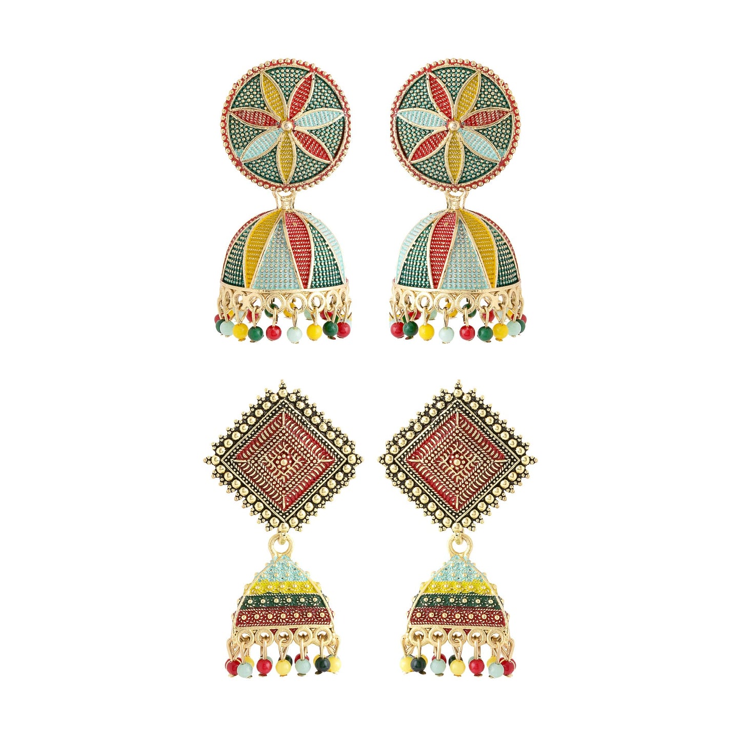 Yellow Chimes Earrings for Women and Girls Traditional Multicolor Jhumka Earrings Oxidised Gold Plated 2 Pairs Combo Big Jhumka Jhumki Earrings for women | Birthday Gift For Girls & Women