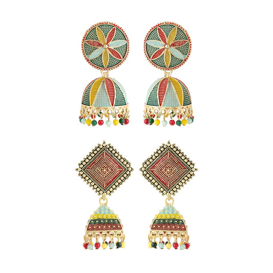 Yellow Chimes Earrings for Women and Girls Traditional Multicolor Jhumka Earrings Oxidised Gold Plated 2 Pairs Combo Big Jhumka Jhumki Earrings for women | Birthday Gift For Girls & Women