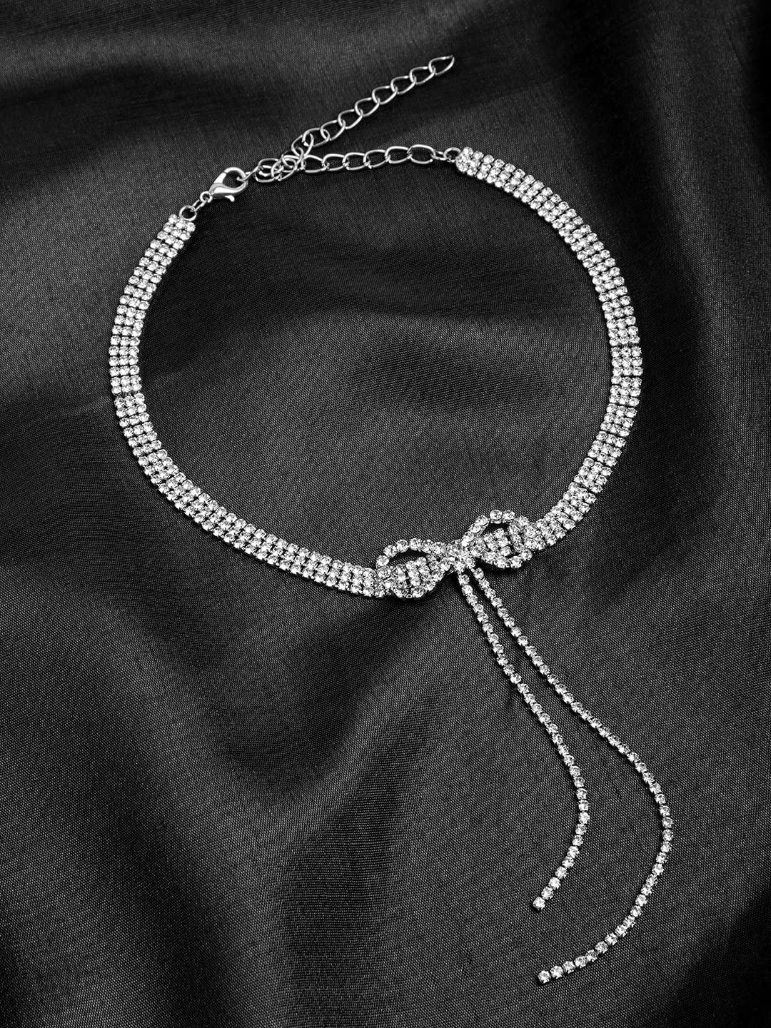 Yellow Chimes Necklace for Women and Girls Choker Necklace for Women | Silver Tone Bow Shaped White Crystal Choker Necklace for Girls | Birthday Gift for girls and women Anniversary Gift for Wife