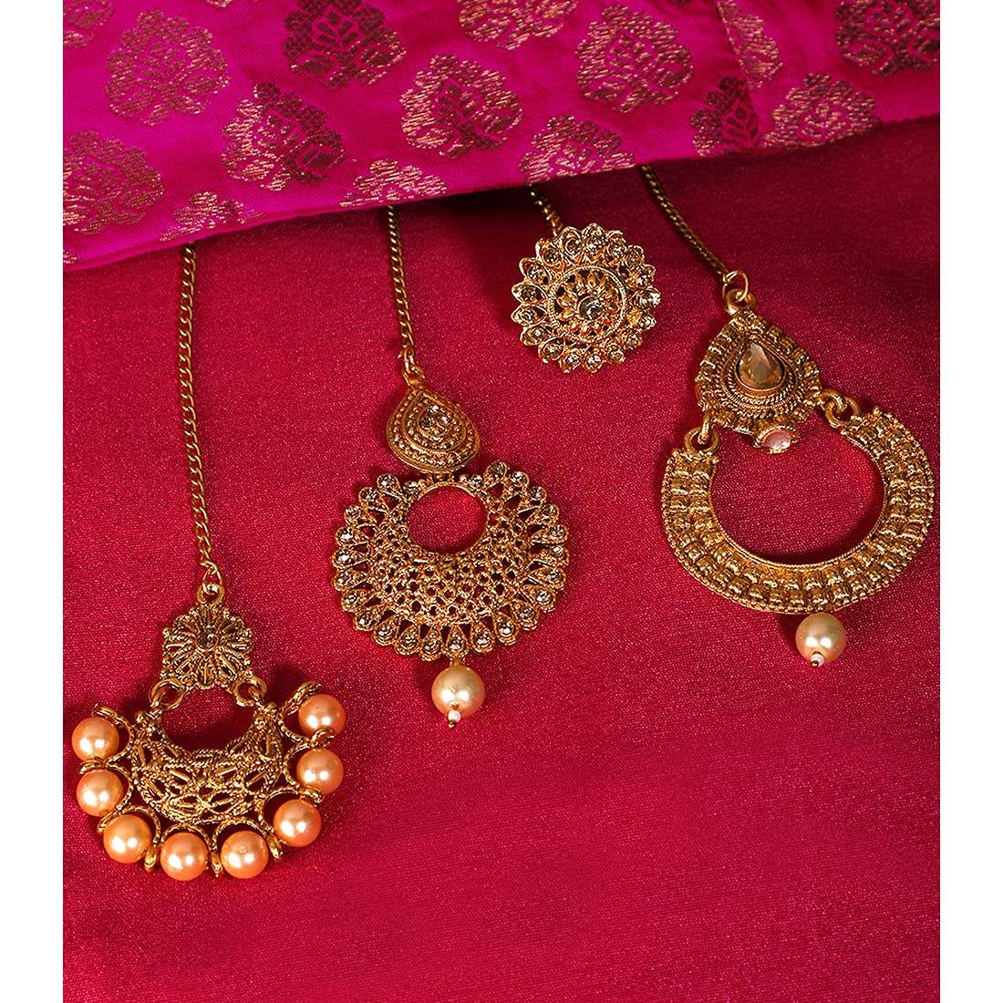 Yellow Chimes Maang Tikka for Women 4 Pcs Traditional Gold Plated Mangtika Ethnic Traditional Maang Tikka for Women and Girls