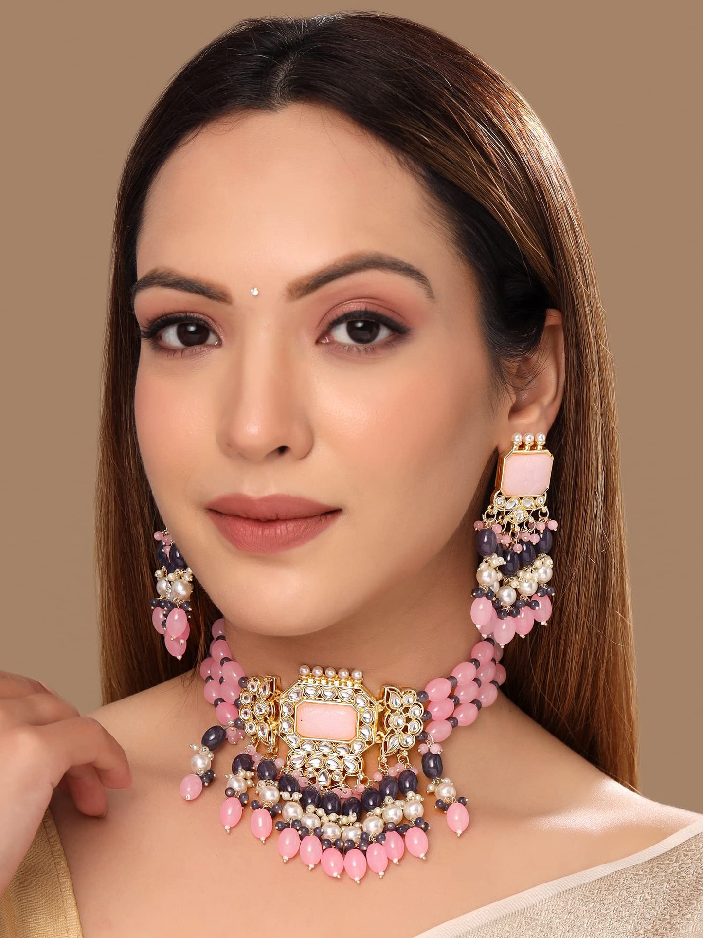 Yellow Chimes Jewellery Set for Women and Girls Kundan Necklace Set Gold Plated Kundan Studded Pink Beads Drop Choker Necklace Set | Birthday Gift for girls and women Anniversary Gift for Wife