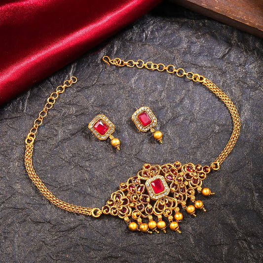 Yellow Chimes Jewellery Set for Women and Girls Traditional Red Kundans Necklace Set Gold Plated Multilayer Necklace Set | Birthday Gift for girls and women Anniversary Gift for Wife