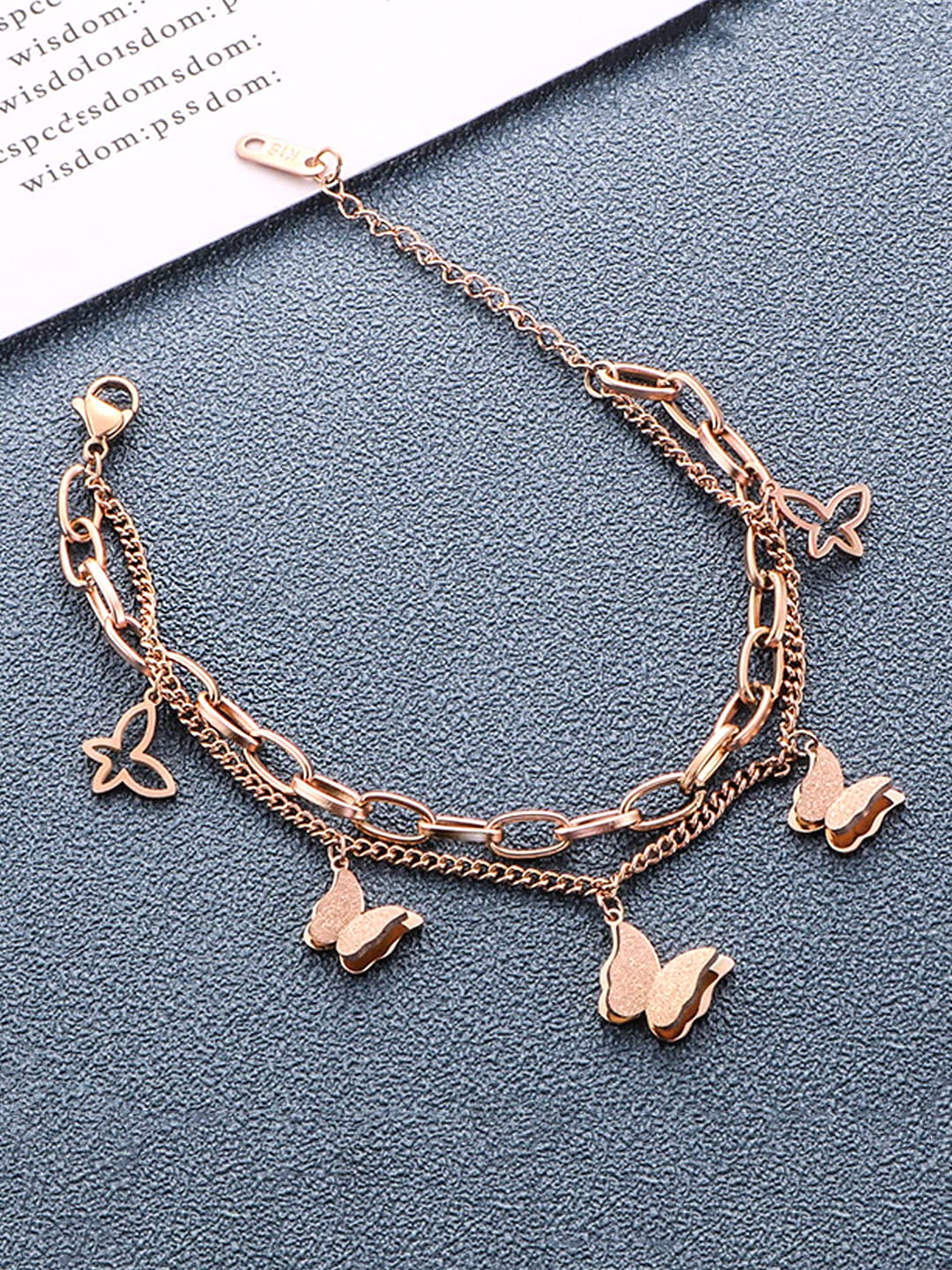 Yellow Chimes Bracelet for Women Rose Gold Stainless Steel Butterfly Charm Adjustable Chain Bracelet for Women and Girls