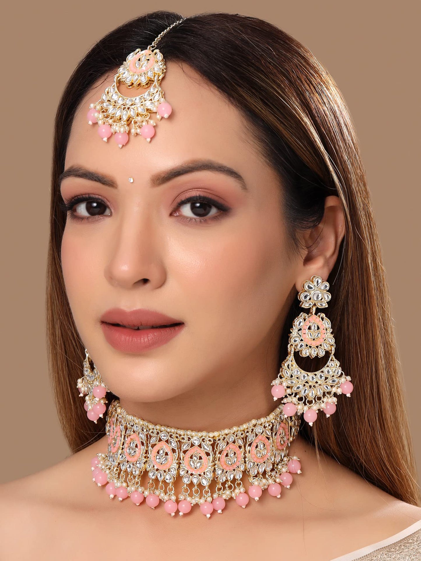 Yellow Chimes Jewellery Set for Women and Girls Kundan Necklace Set Gold Plated Kundan Studded Pink Beads Drop Choker Necklace Set | Birthday Gift for girls and women Anniversary Gift for Wife