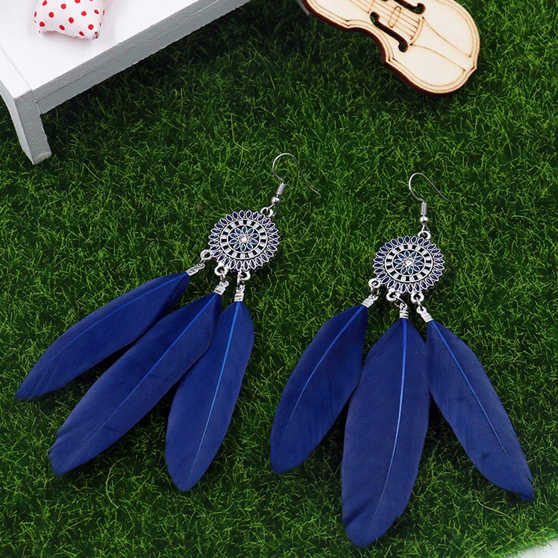 Kairangi Long Earrings for Women Blue Feather Long Tassel Earring for Women and Girls