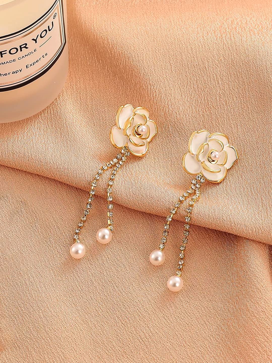 Yellow Chimes Earrings For Women White Flower Stud With Linear Chain Hanging Pearl Drop Dangler Earrings For Women and Girls