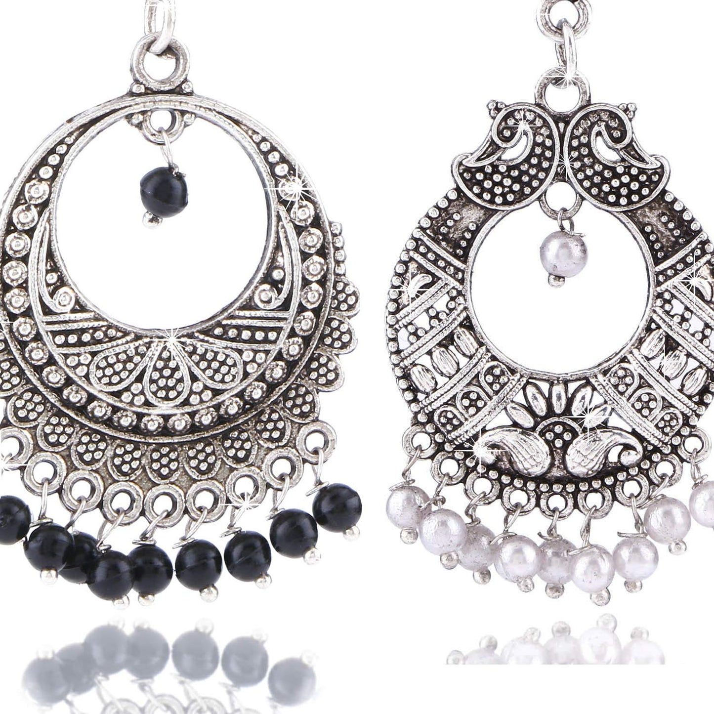 Yellow Chimes Combo Two Pairs Silver Oxidised Traditional Chand Bali Earrings for Women and Girls