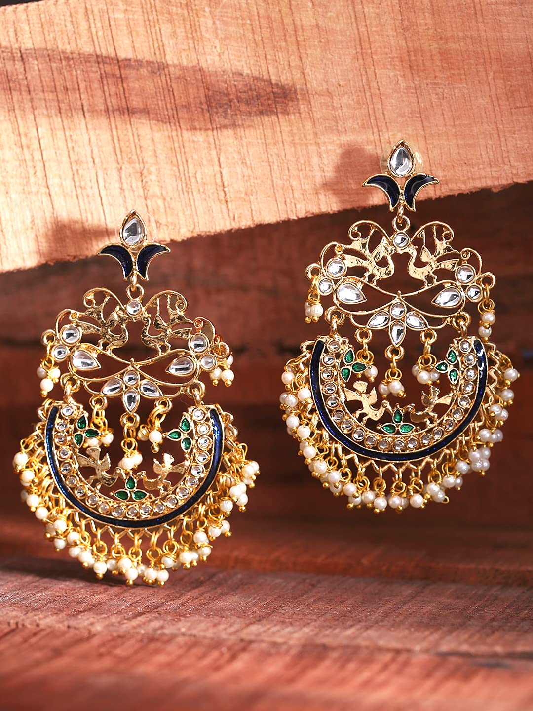 Yellow Chimes Chandbali Earrings for Women Ethnic Gold Plated Kundan Studded Peacock Design Pearl Moti Chand bali Earrings for Women and Girls