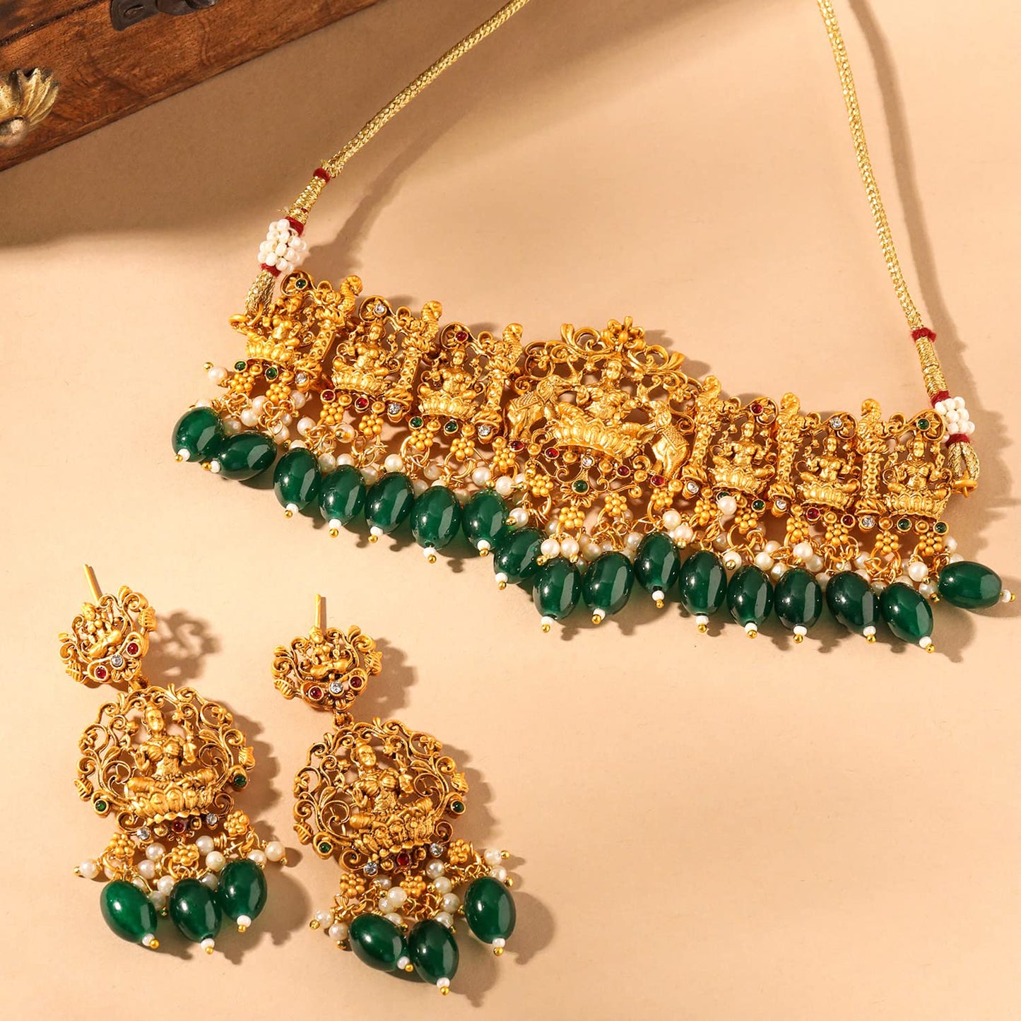 Yellow Chimes Jewellery Set for Women and Girls Temple Jewellery Set for Women | Gold Plated Green Beads Drop Choker Necklace Set | Birthday Gift for girls and women Anniversary Gift for Wife