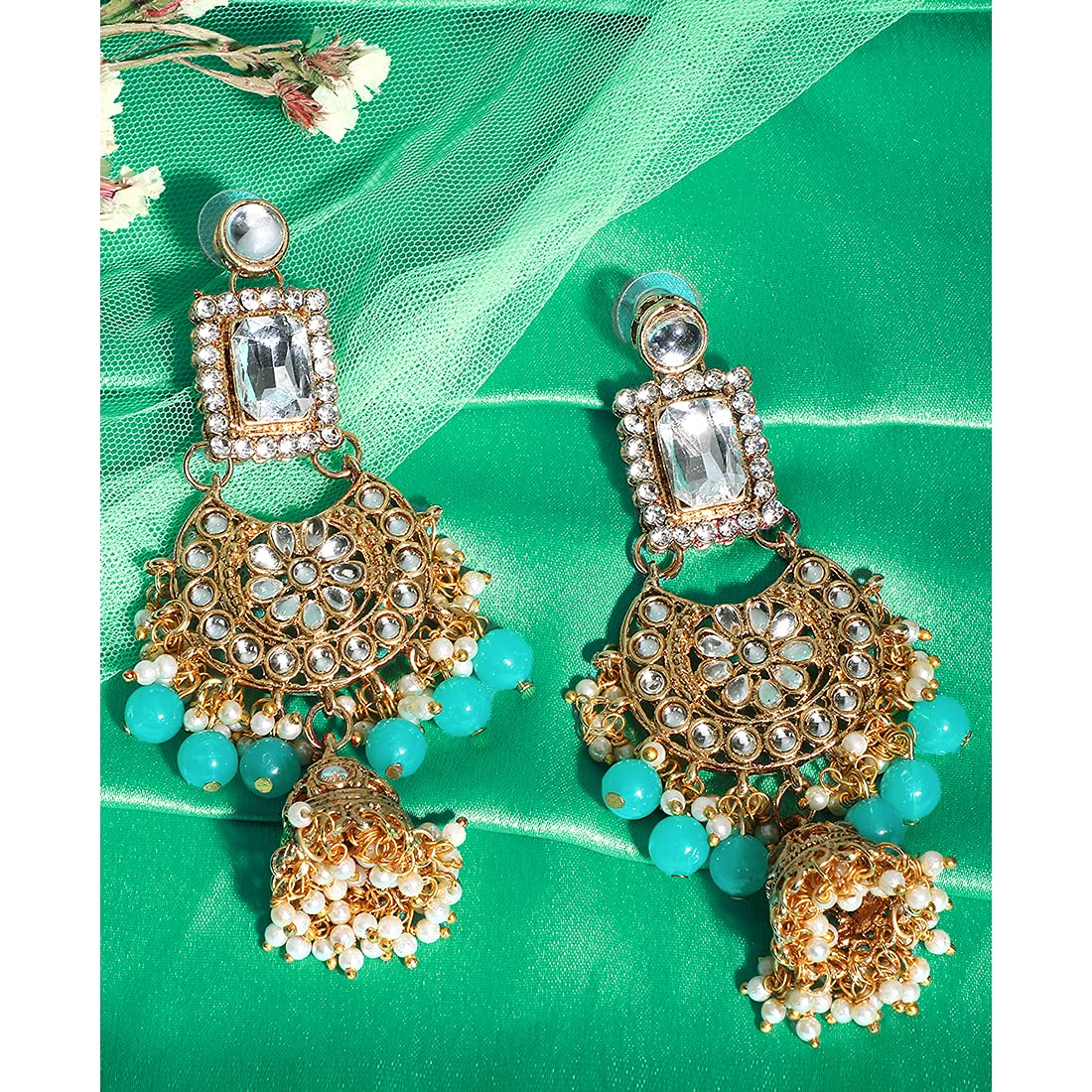 Yellow Chimes Ethnic Gold Plated Kundan Studded Meenakari Pearl Beads Chandbali Jhumka Earrings for Women and Girls