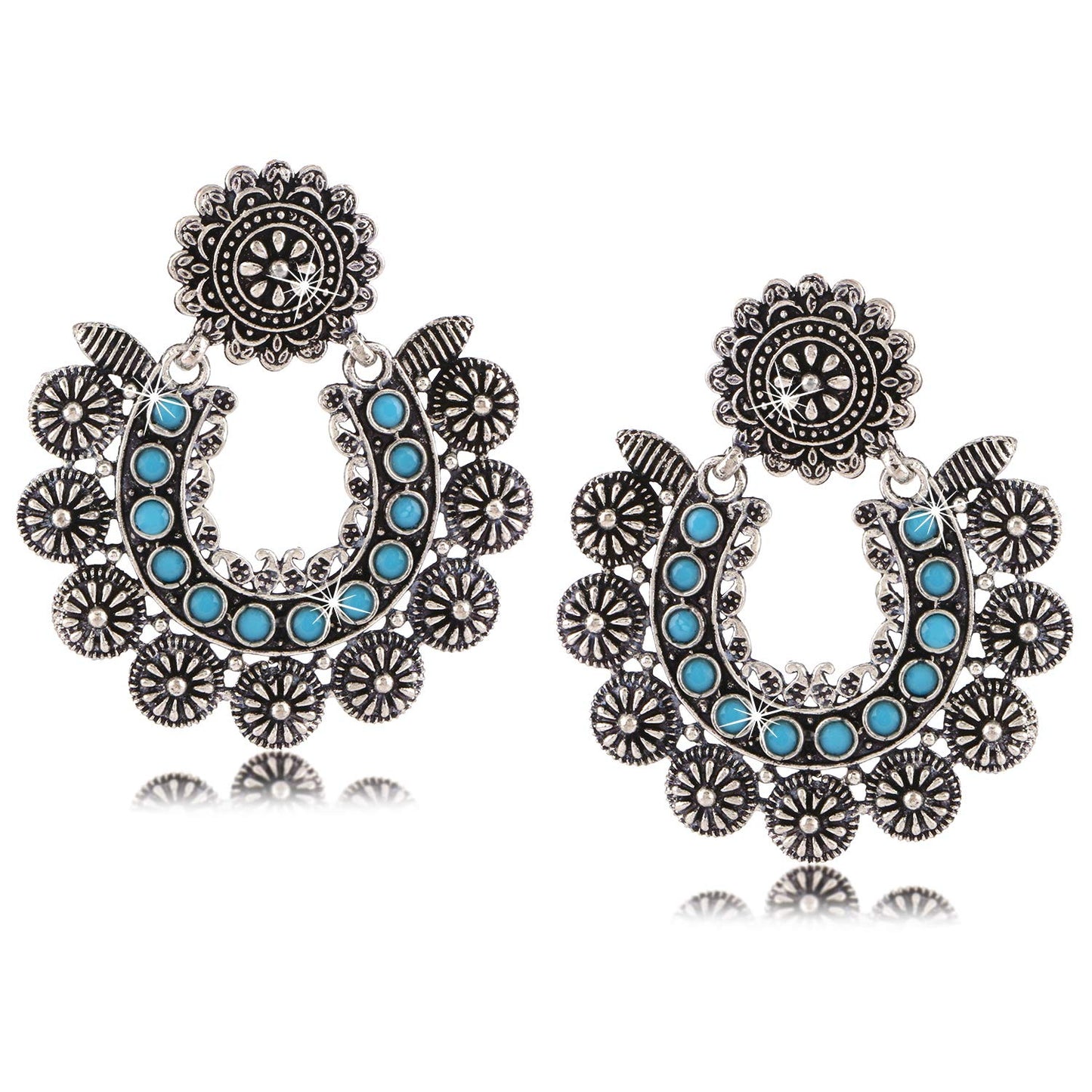 Yellow Chimes Turquoise Touch German Oxidised Silver Traditional Chand Bali Earrings for Women and Girls