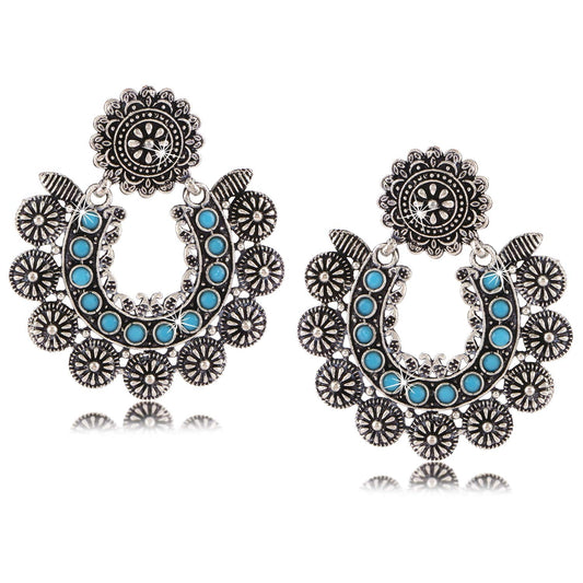 Yellow Chimes Turquoise Touch German Oxidised Silver Traditional Chand Bali Earrings for Women and Girls