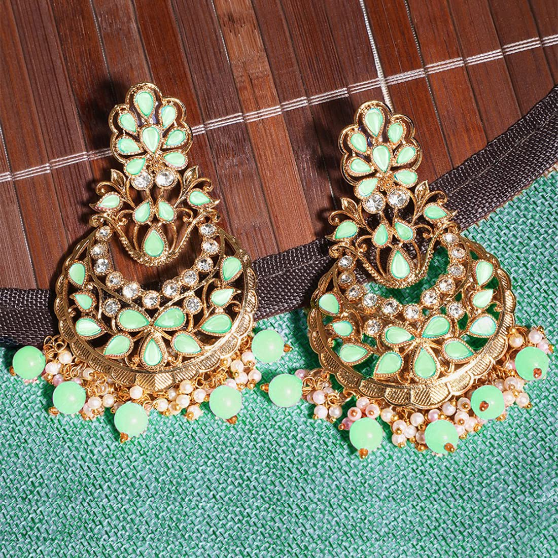 Yellow Chimes Ethnic Gold Plated Studded Stones Green Pearl Chandbali Earrings for Women and Girls, Medium (YCTJER-83STNFLW-GR)