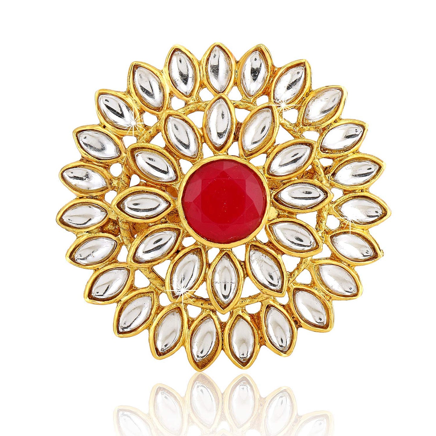 Yellow Chimes Women's Traditional Red Cocktail Adjustable Stone Gold Plated Kundan Studded Cocktail Finger Ring