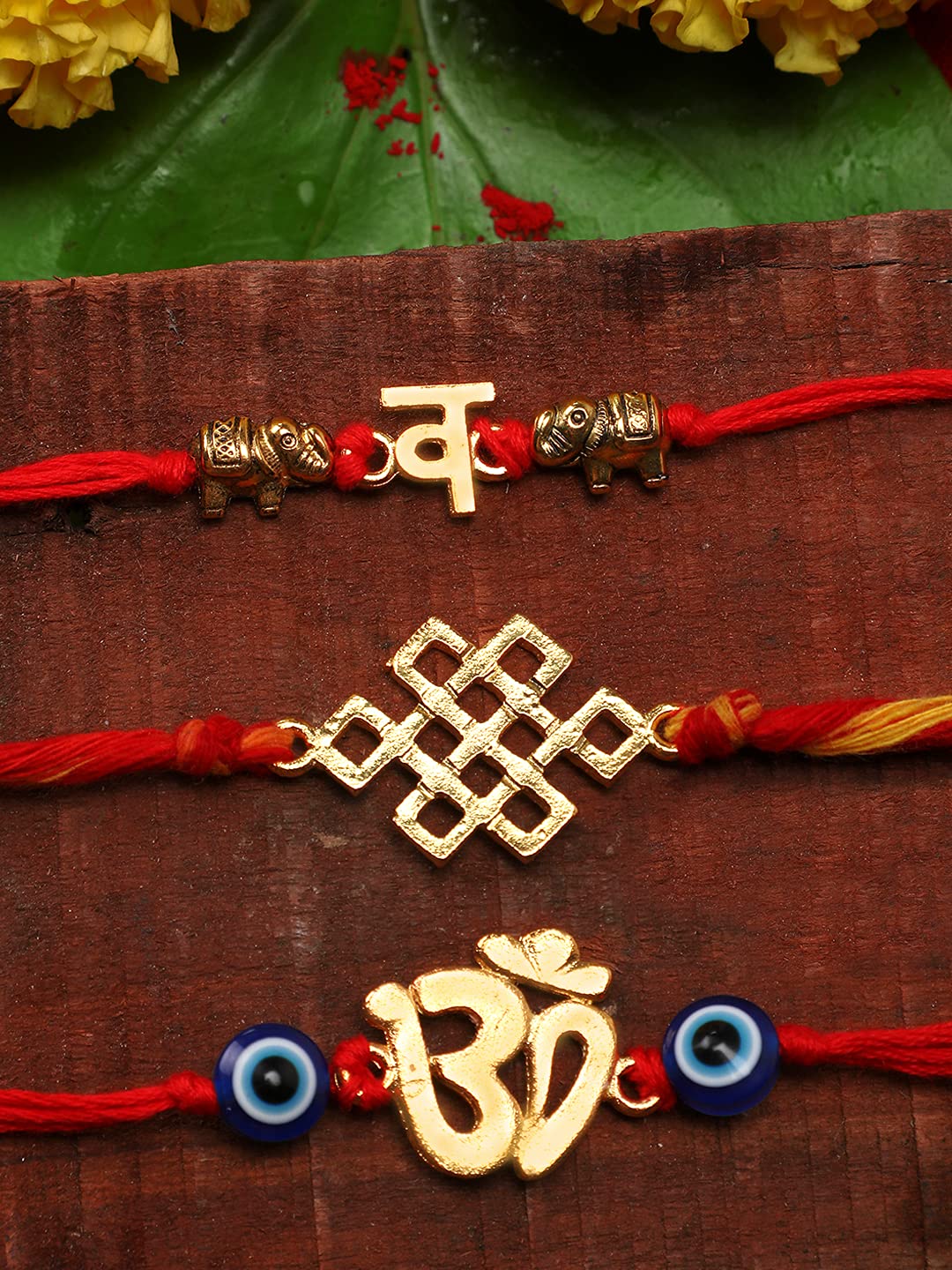 Yellow Chimes Combo of 3 Pcs Handmade Dori Worked Gold Toned OM Initial Letter V and Celtic Design Evil Eye Beads Rakhi for Brother with Roli & Chawal