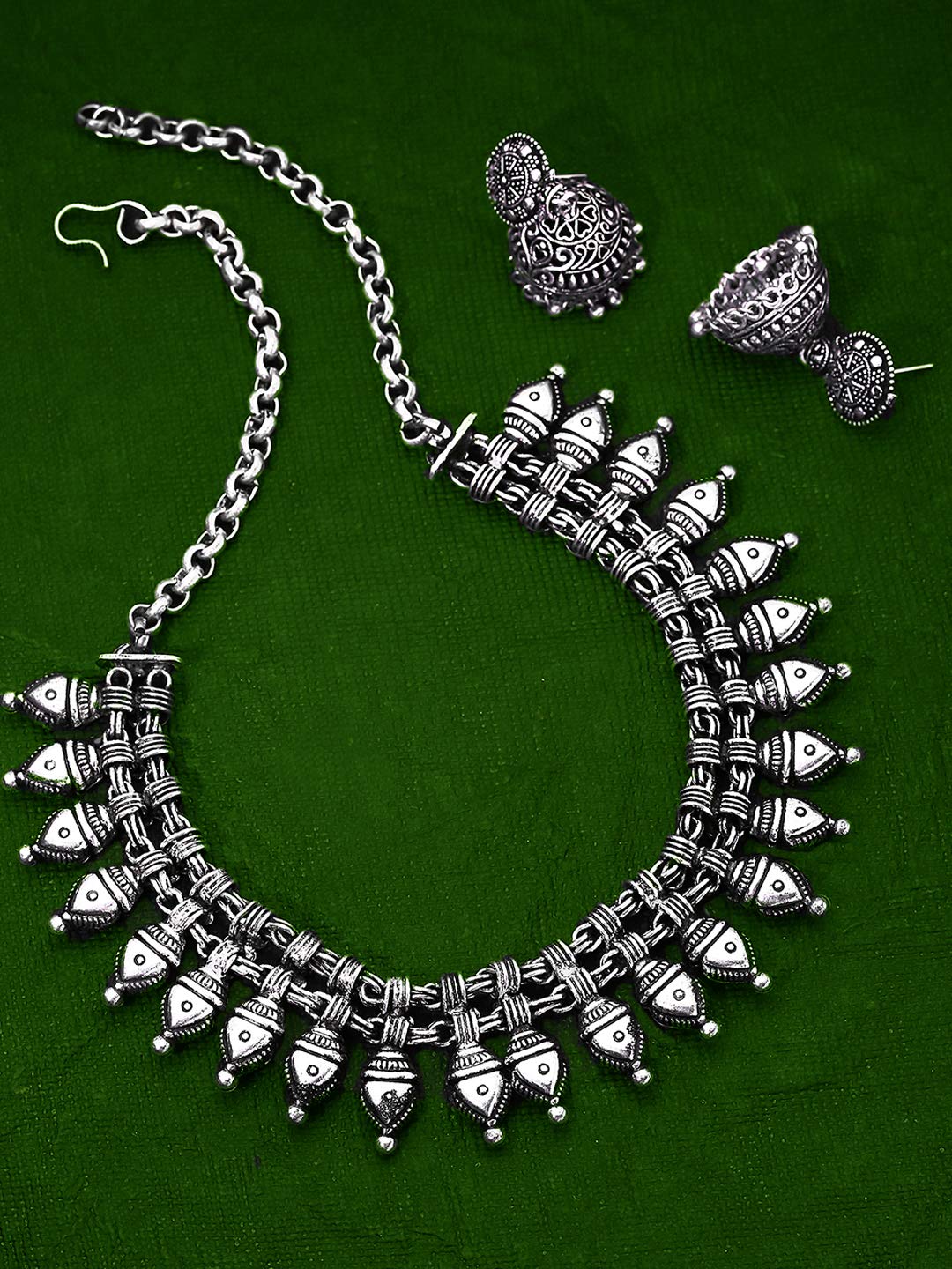 Yellow Chimes Ethnic German Silver Oxidised Coin Designed Choker Necklace Set with Earrings Traditional Jewellery Set for Women and Girls