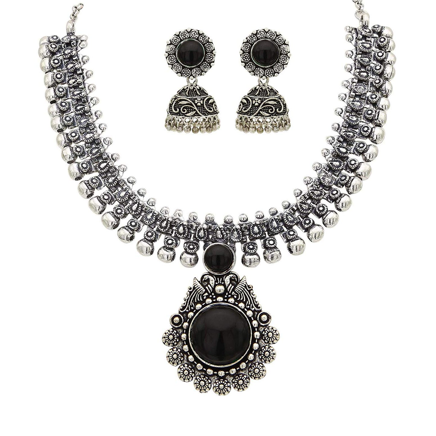 Yellow Chimes Oxidized Silver Kolhapuri Necklace Set with Jhumka Earrings Jewellery Set for Women (Oxidized Silver, Black) (YCTJNS-01CHOKR-BK)