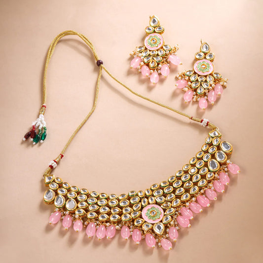 Yellow Chimes Jewellery Set for Women and Girls Kundans Necklace Set | Gold Plated Kundan Choker Pink Beads Drop Necklace Set | Birthday Gift for girls and women Anniversary Gift for Wife