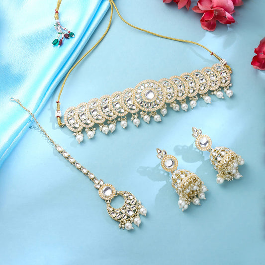 Yellow Chimes Jewellery Set for Women and Girls Kundan Necklace Set Gold Plated Kundan Studded White Pearl Drop Choker Necklace Set | Birthday Gift for girls and women Anniversary Gift for Wife