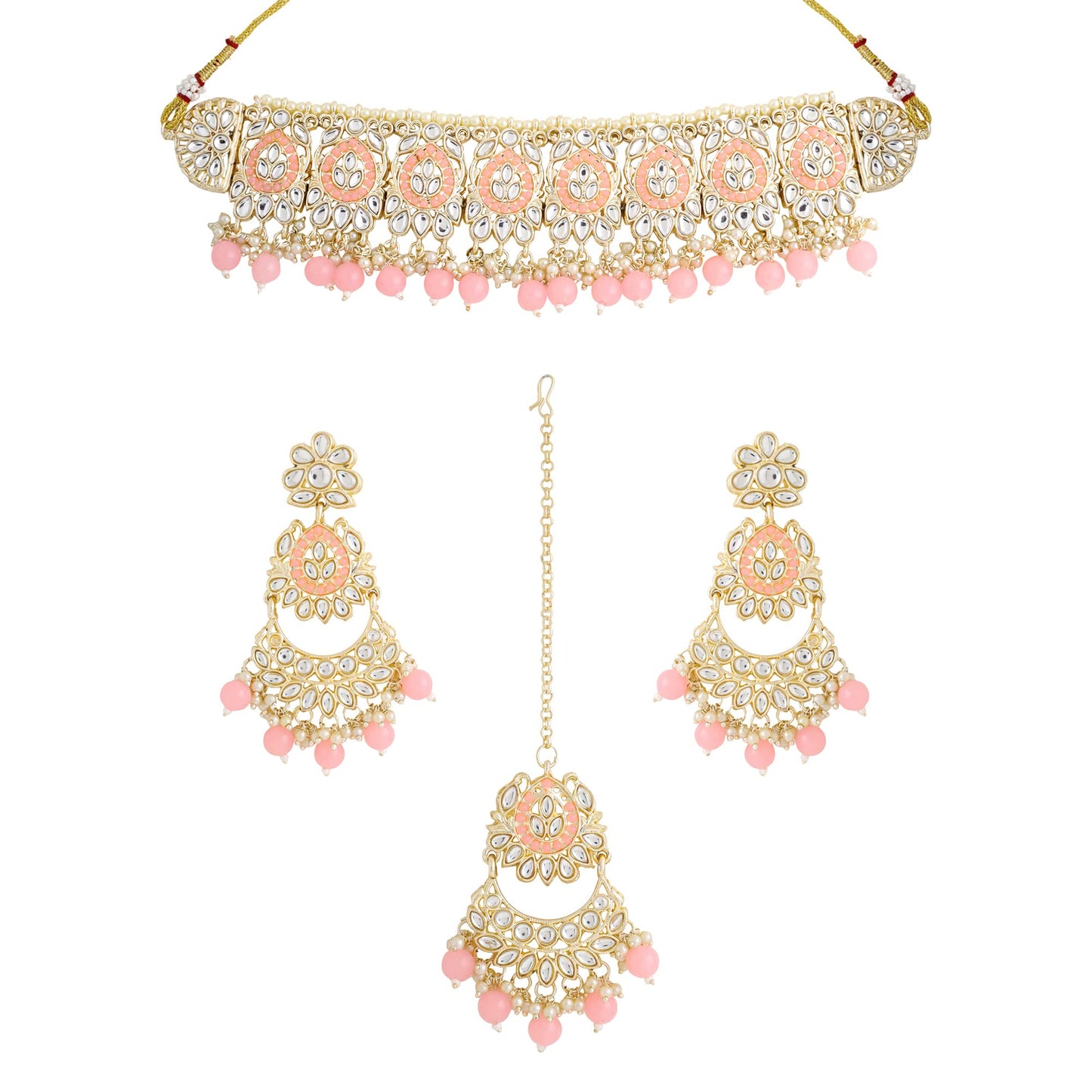 Yellow Chimes Jewellery Set for Women and Girls Kundan Necklace Set Gold Plated Kundan Studded Pink Beads Drop Choker Necklace Set | Birthday Gift for girls and women Anniversary Gift for Wife