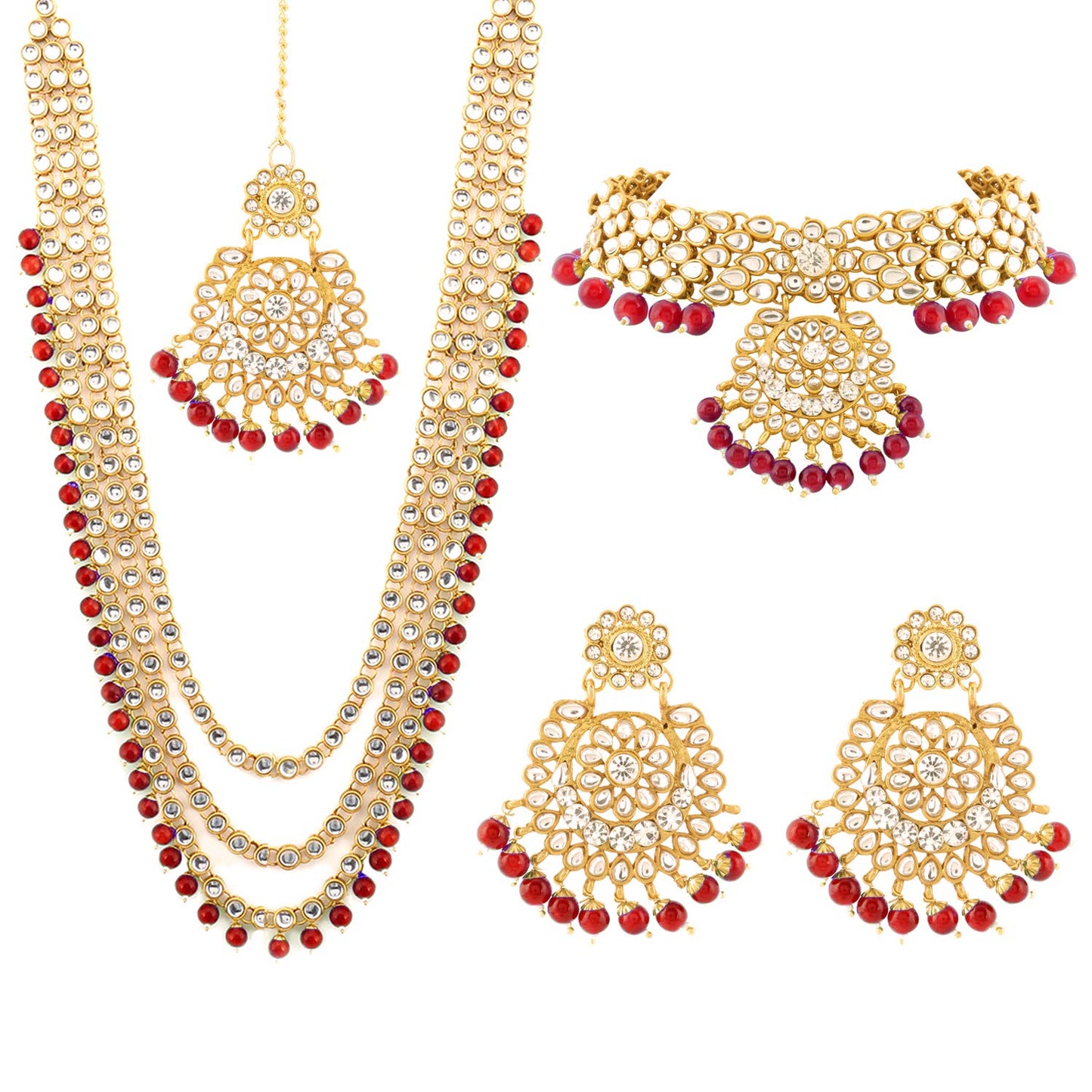 Yellow Chimes Kundan Indian Traditional Red Pearl Multilayer Dulhan Bridal Necklace Set Necklace Jewellery Set for Women & Girls (Red,Gold)