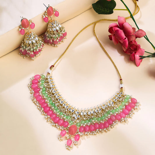 Yellow Chimes Jewellery Set for Women and Girls Kundan Necklace Set Gold Plated Kundan Studded Green Pink Beads Drop Choker Necklace Set | Birthday Gift for girls and women Anniversary Gift for Wife