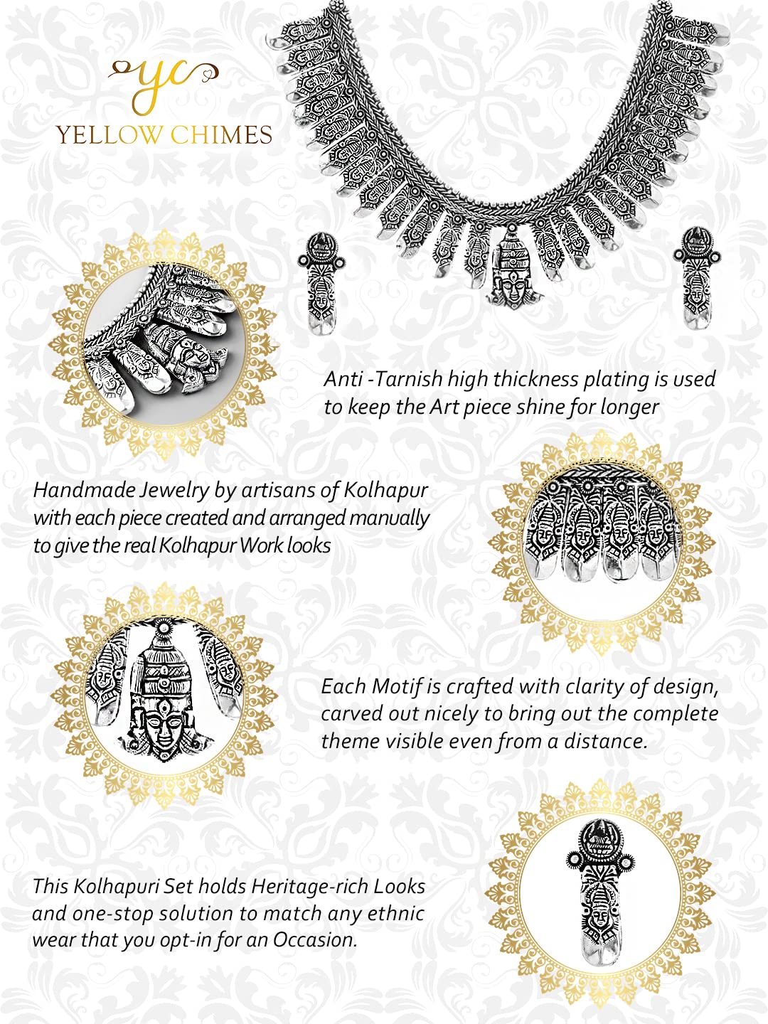 Yellow Chimes Oxidised Jewellery Set for Women Authentic Kolhapuri Work Handmade Silver Traditional Durga Ma Choker Necklace Sets for Women and Girls.