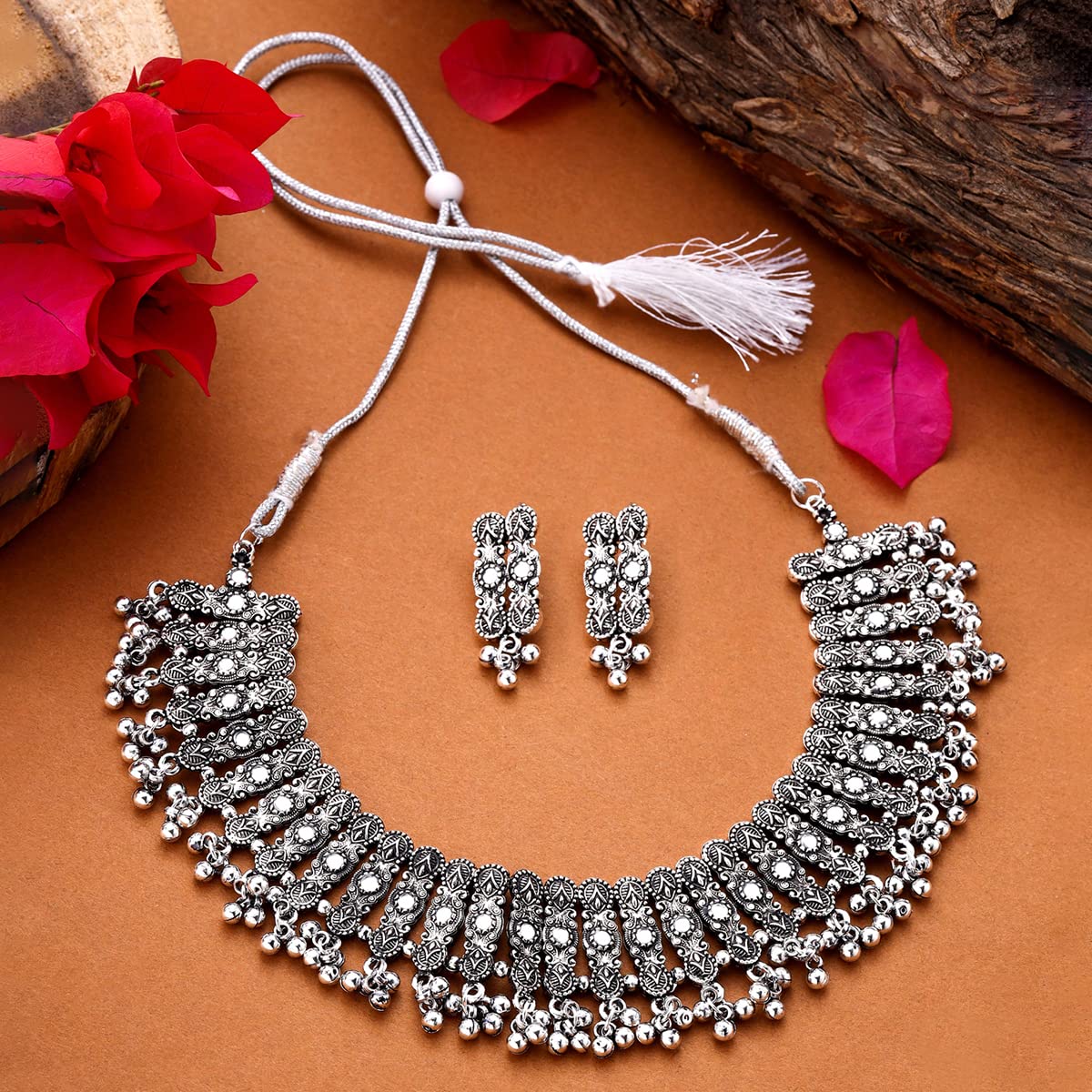 Yellow Chimes Jewellery Set for Women and Girls Traditional Silver Oxidised Jewellery Set | Stone Choker Necklace Set for Women | Birthday Gift For Girls and Women Anniversary Gift for Wife