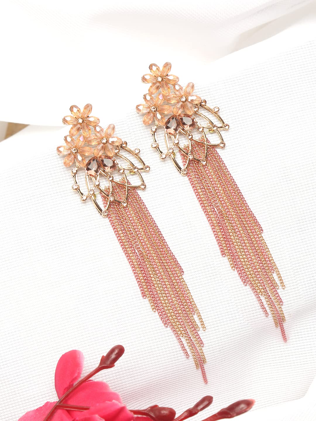 Yellow Chimes Crystal Danglers Earrings for Women Floral Shaped Crystal Peach Long Chain Dangler Earrings for Women and Girls