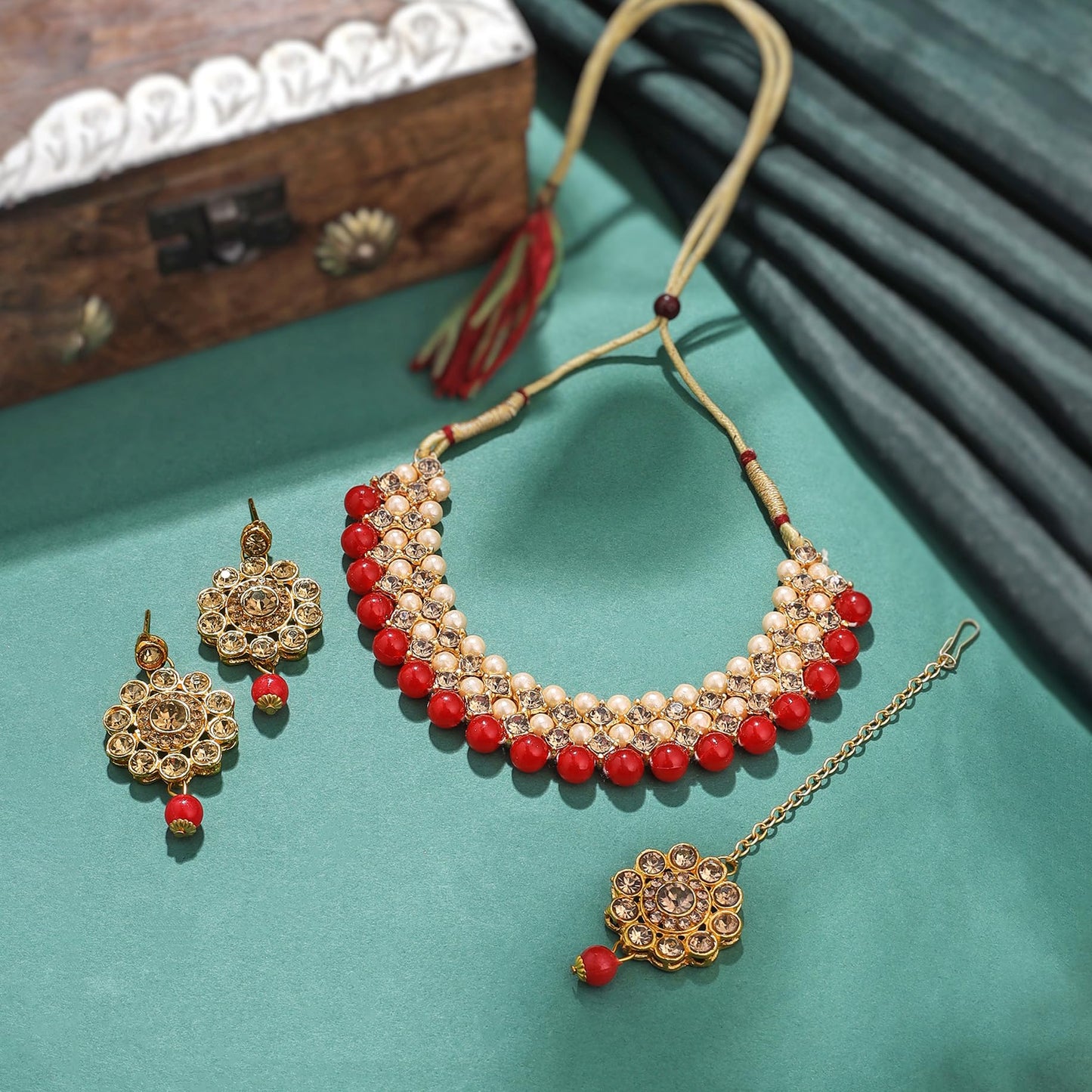 Yellow Chimes Jewellery Set for Women | Traditional Red Kundan Beads Choker Necklace Set | Ethnic Gold Plated Choker Set for Girls Birthday Gift for Girls & Women Anniversary Gift for Wife