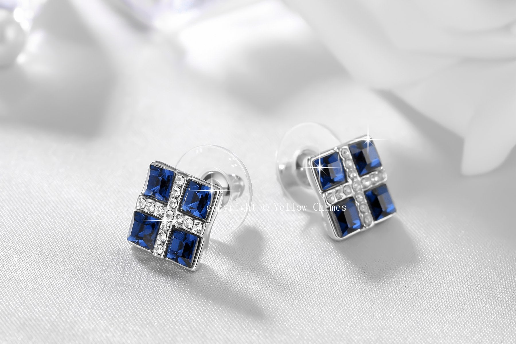 Yellow Chimes Crystals from Swarovski Platinum Plated Square Blue Crystal Earrings for Women & Girls