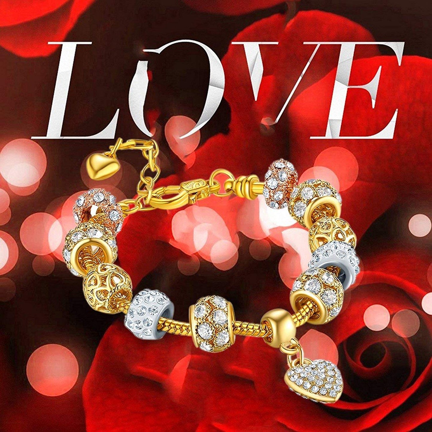 Yellow Chimes Valentine Gift for Girls Bracelet for Women and Girls Crystal Bracelets for Women | Gold Plated Valentines Special Love Heart Crystal Charm Bracelet | Birthday Gift For Girls