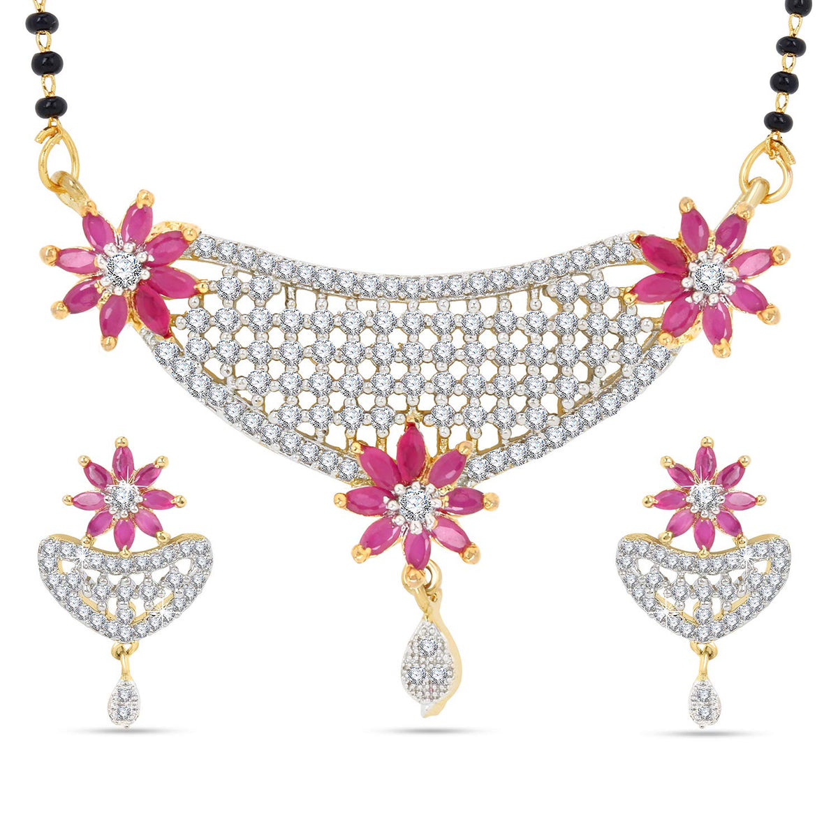 Yellow Chimes Classic Pink AD/American Diamond Studded Black Beads Designer Floral Mangalsutra Set with Earrings for Women