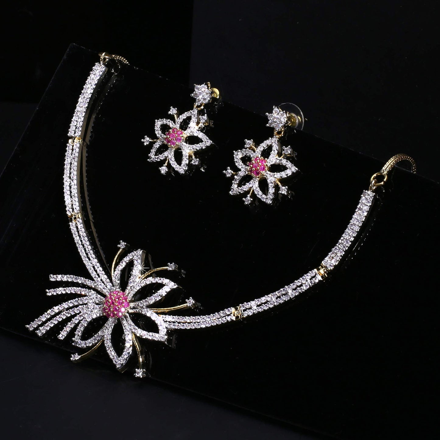 Yellow Chimes Jewellery Set for Women and Girls Traditional Pink American Diamond Jewellery Set | Gold Plated Floral Choker AD Necklace Set for Women | Birthday Gift for girls and women Anniversary Gift for Wife