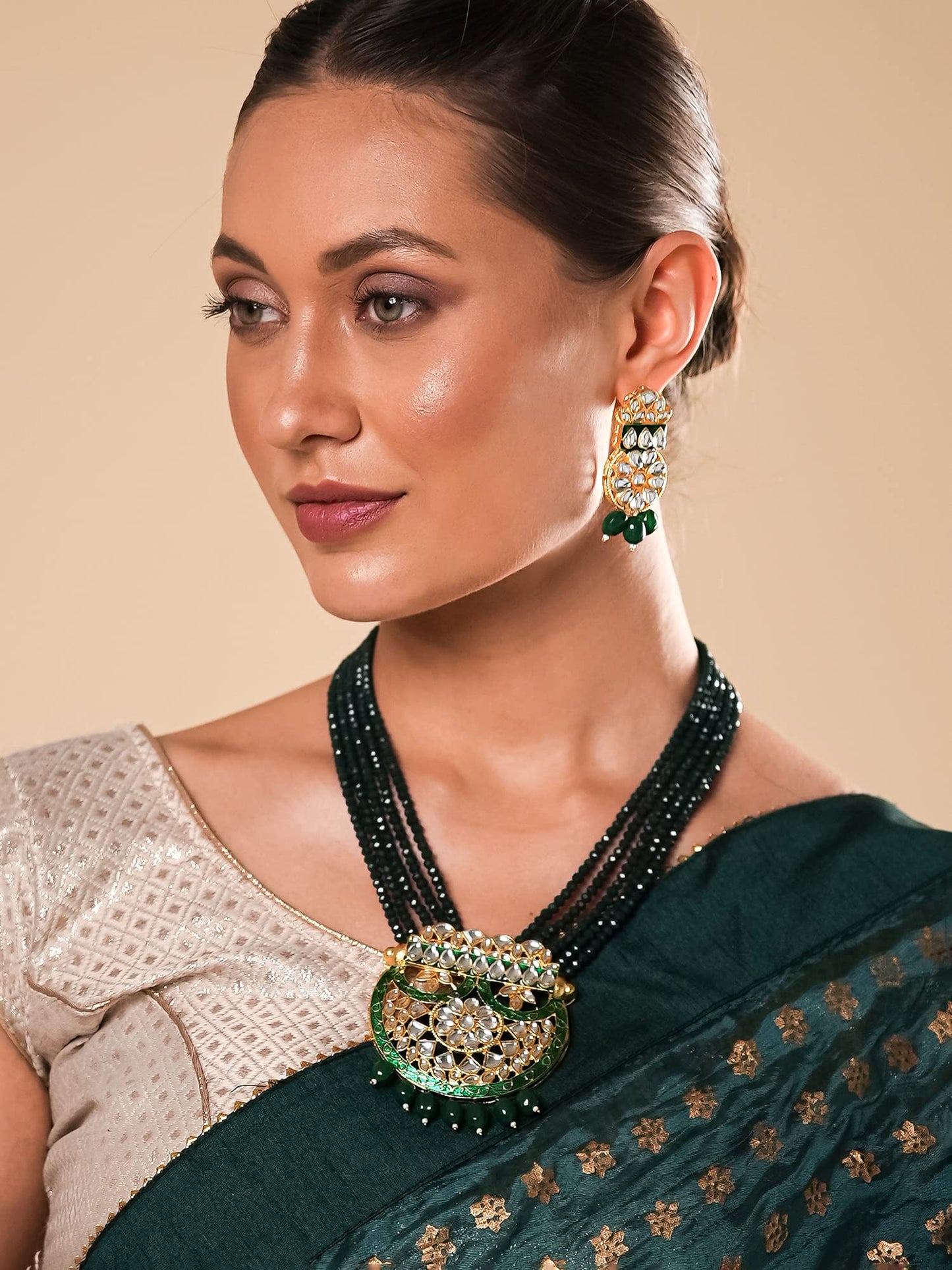 Yellow Chimes Traditional Jewellery Set for Women Ethnic Kundan Jewelry Set Gold Plated Multilayer Green Beads Long Necklace Set for Women and Girls