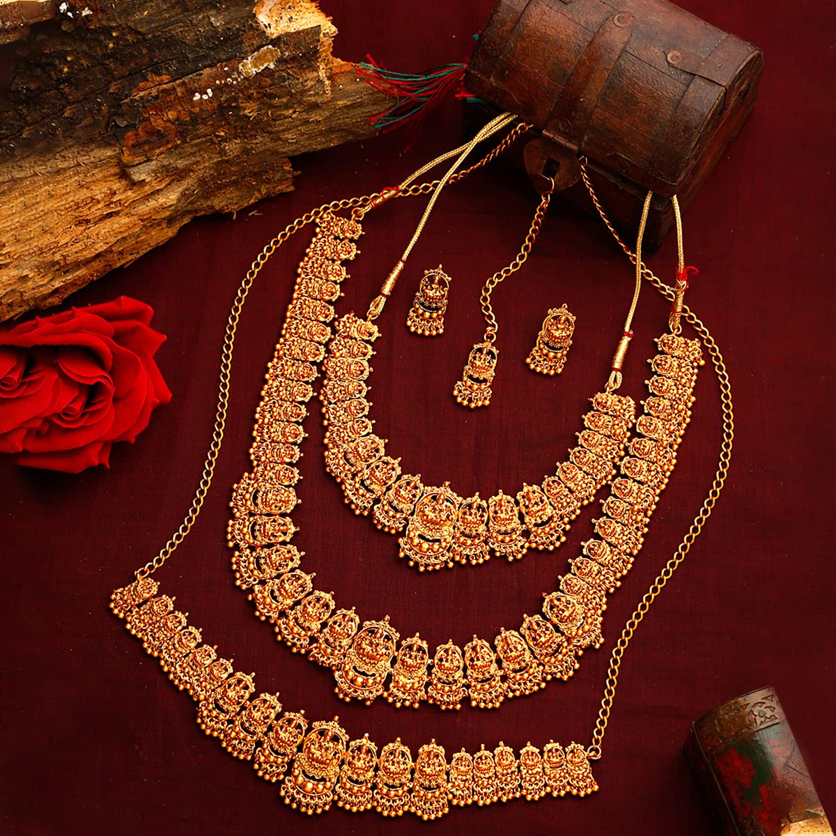 Yellow Chimes Jewellery Set for Women Gold Plated Temple Bridal Choker Necklace with Long Necklace Kamarbandh and Earrings for Womens and Girls