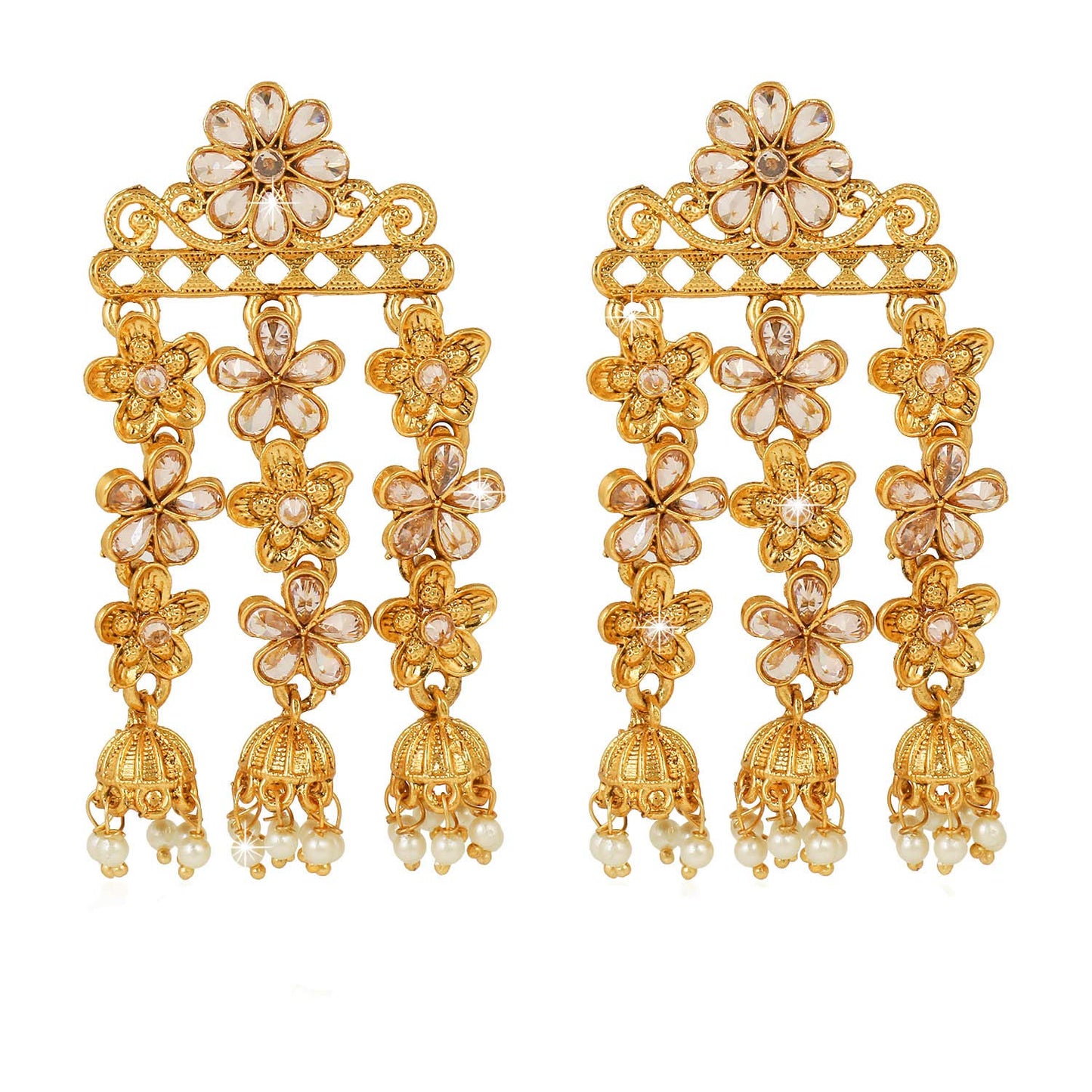 Yellow Chimes Kundan Studded Floral Shaped Gold Plated Curtain Dangler Jhumka Earrings for Women and Girls