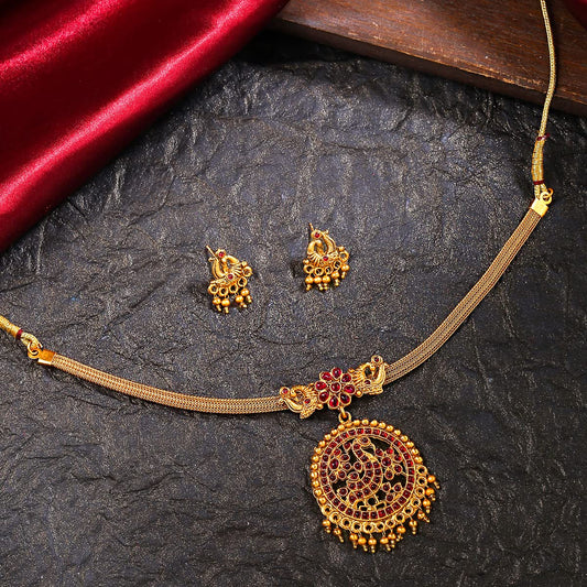 Yellow Chimes Jewellery Set for Women and Girls Traditional Red Kundans Necklace Set | Gold Plated Peacock Designed Necklace Set | Birthday Gift for girls and women Anniversary Gift for Wife