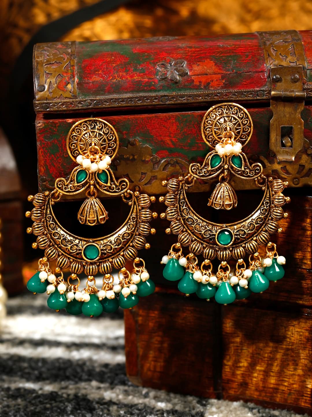 Yellow Chimes Earrings for Women Oxidised Gold Plated Peacock Designed Maroon Crystal studded Beads Drop Chandbali Drop Earrings for Women and Girls