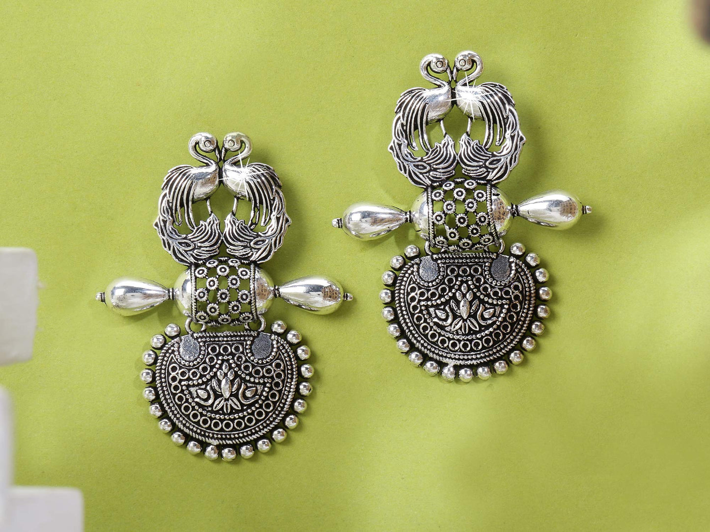 Yellow Chimes German Silver Oxidized Afgani Tribal Peacock Designer Drop Earring for Women And Girls (German Silver)