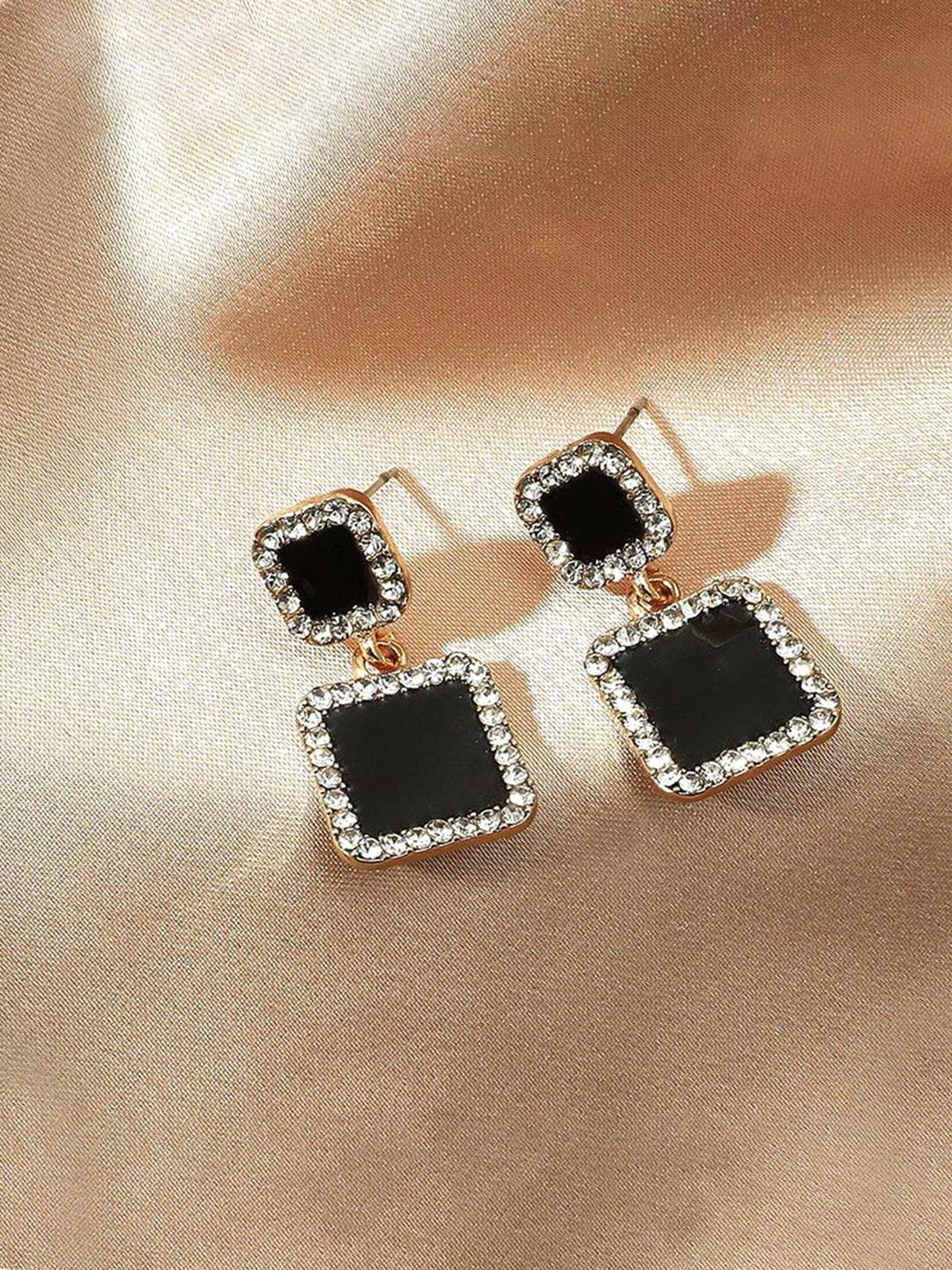 Yellow Chimes Earrings For Women Gold Tone Crystal Black color Rectangular Shape Stud Drop Earrings For Women and Girls