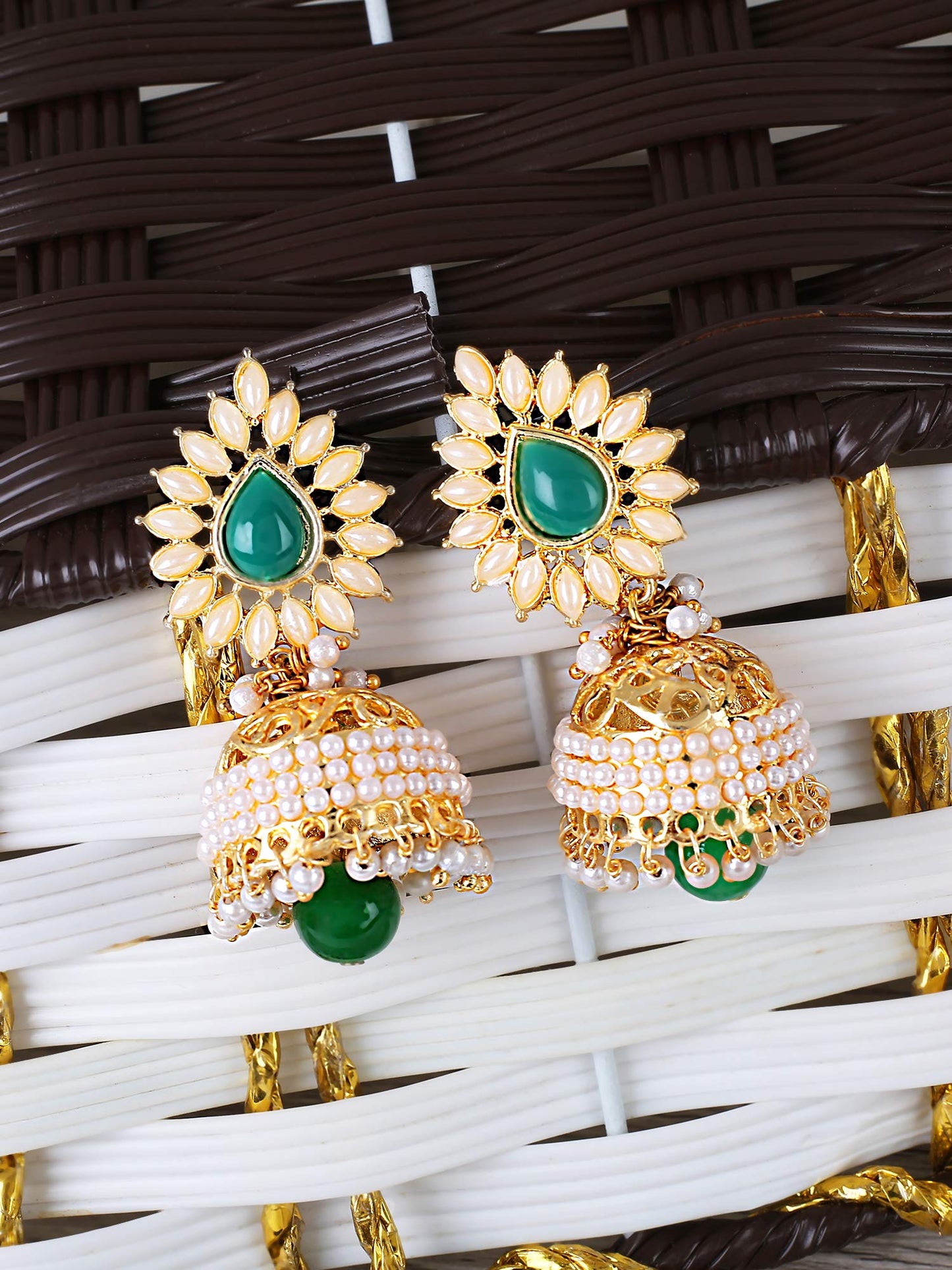 Yellow Chimes Bollywood Celebrity Party Wear Traditional Pearl Moti Jhumka/Jhumki Earrings for Women and Girls (Green)