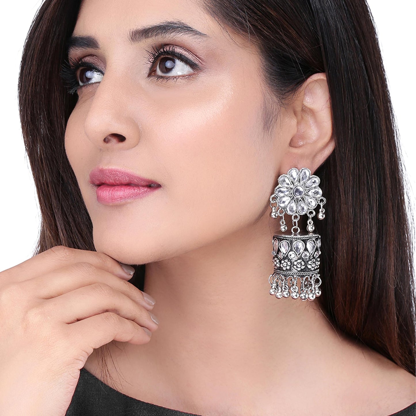 Kairangi Oxidised Earrings for Women Traditional Silver Oxidised Floral Design Dome Jhumka/Jhumki Earrings for Women and Girls