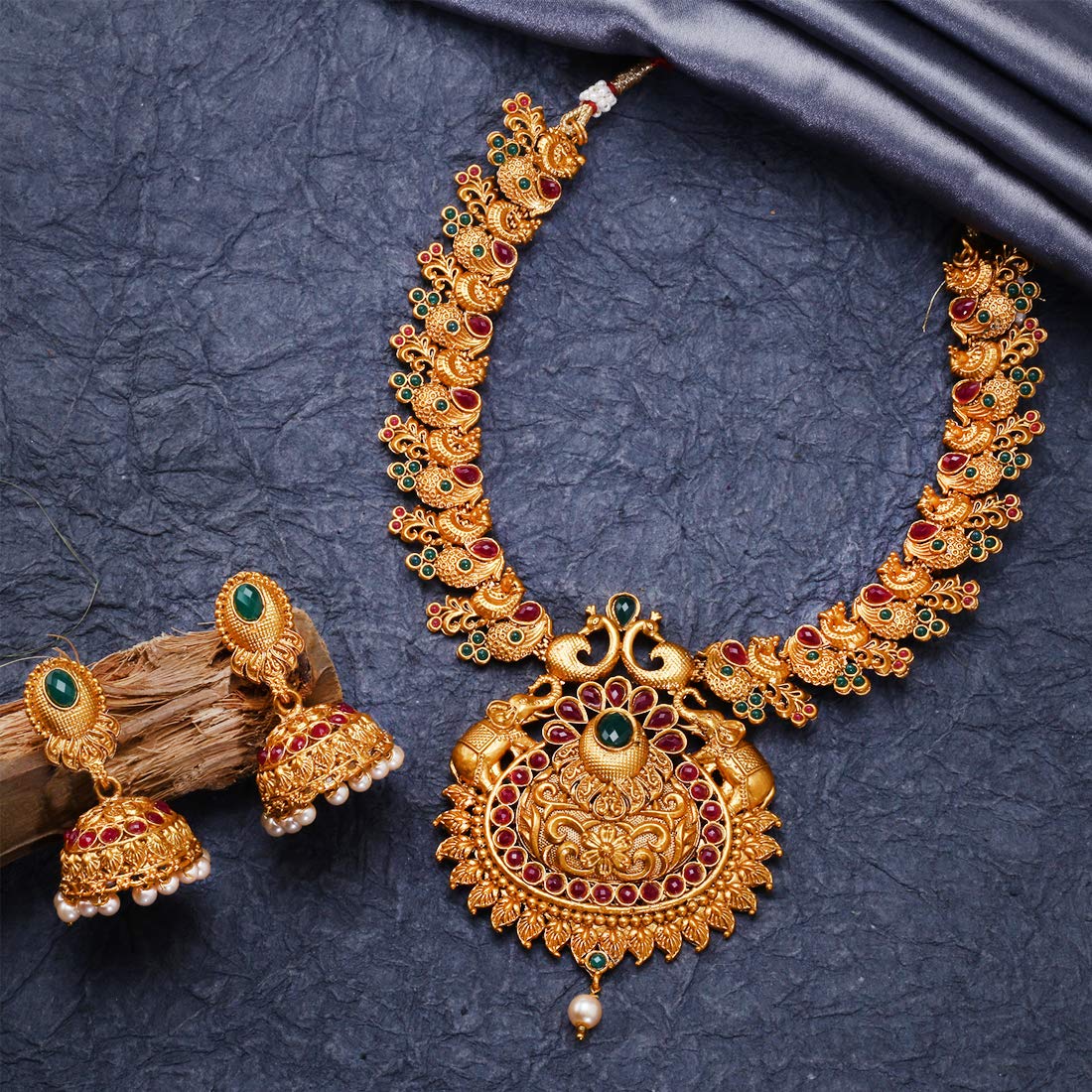 Yellow Chimes Ethnic Jewellery Set Gold Plated Peacock Jewelry Set Traditional Antique Ruby Necklace Set For Women & Girls