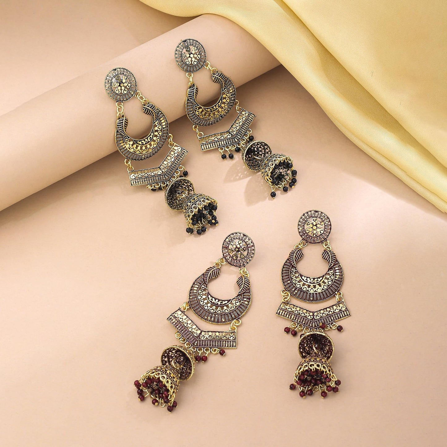 Yellow Chimes Earrings for Women and Girls Oxidised Gold Chandbali | 2 Pair Combo of Multilayer Chand Baliyan Earrings|Birthday Gift For girls and women Anniversary Gift for Wife