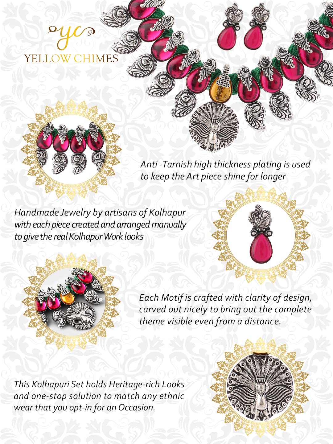 Yellow Chimes Oxidised Jewellery Set for Women Authentic Kolhapuri Work Handmade Silver Peacock Pink Kundan Choker Necklace Sets for Women and Girls.